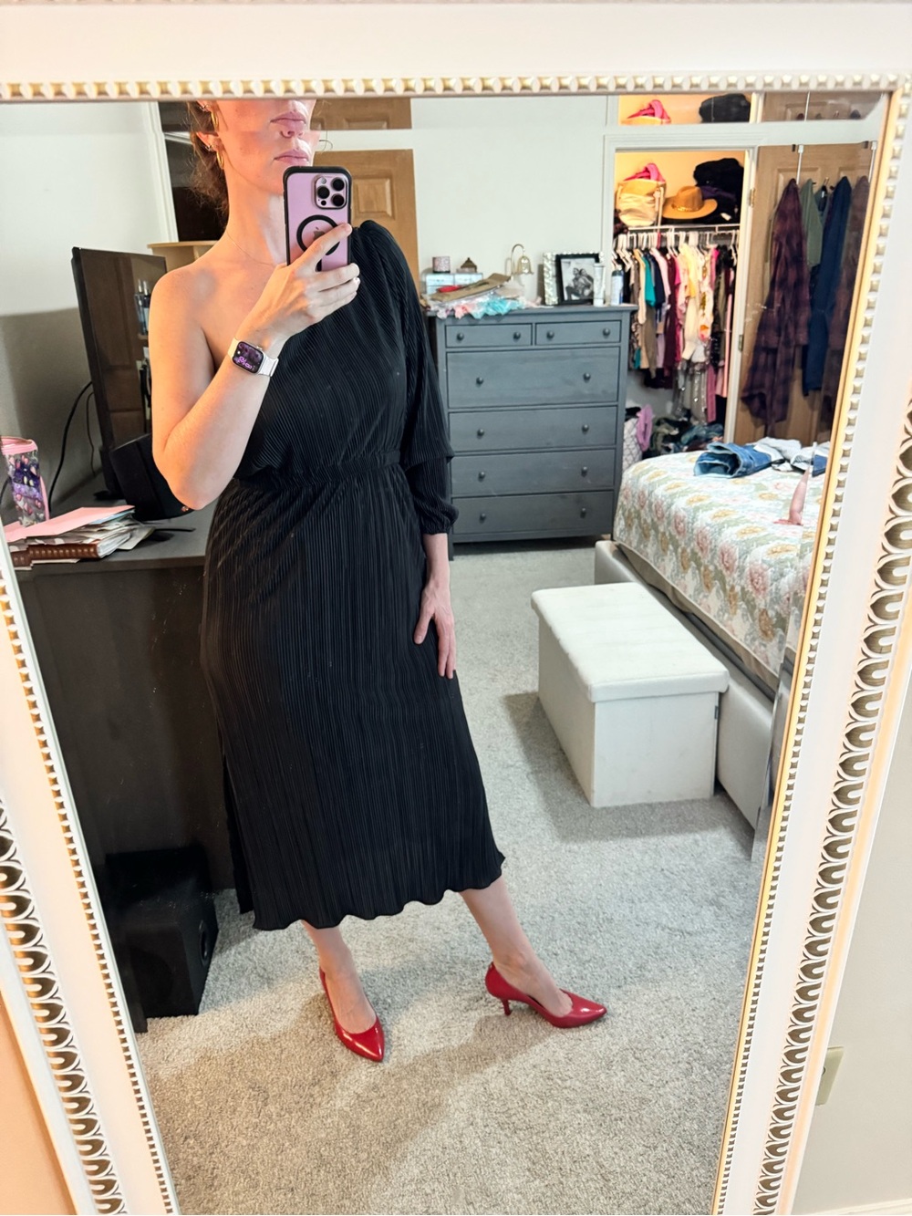 Petal and Pup One-Shoulder Black Pleated Midi Dress - Picture 6 of 10